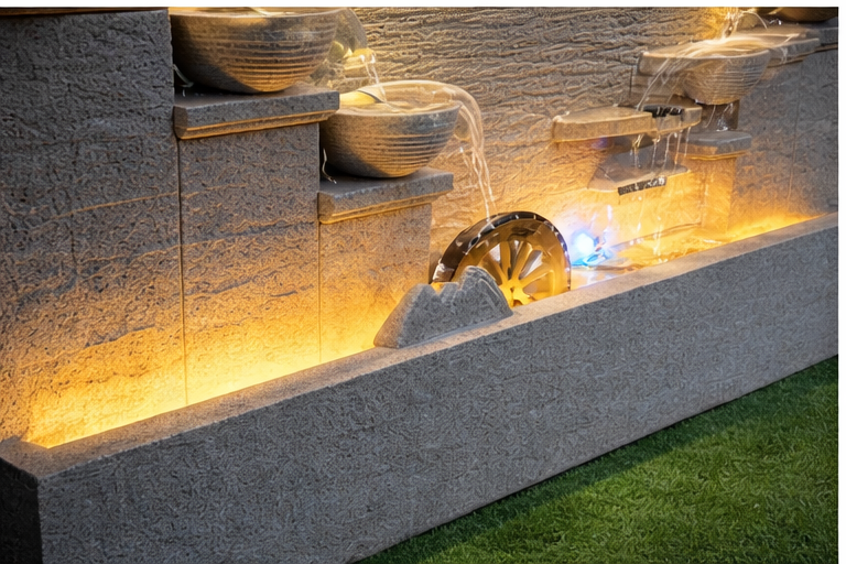 Modern Cement Standing Fountain with Tiered Water Bowl and LED Lighting