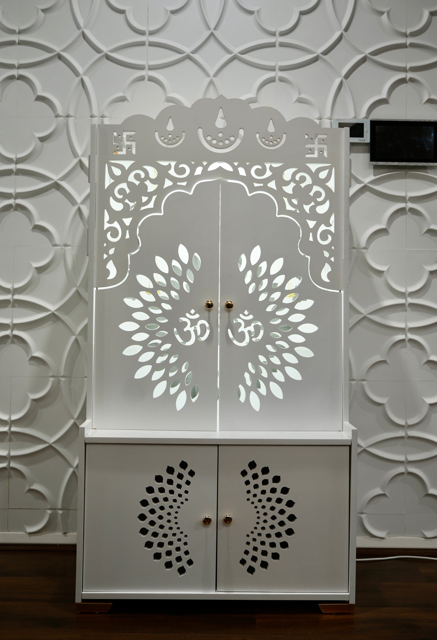 Small Wooden Mandir Cabinet with Storage &amp; Lighting