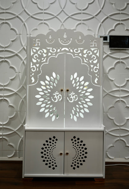 Small Wooden Mandir Cabinet with Storage &amp; Lighting