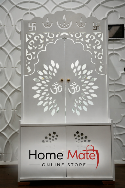 Small Wooden Mandir Cabinet with Storage &amp; Lighting