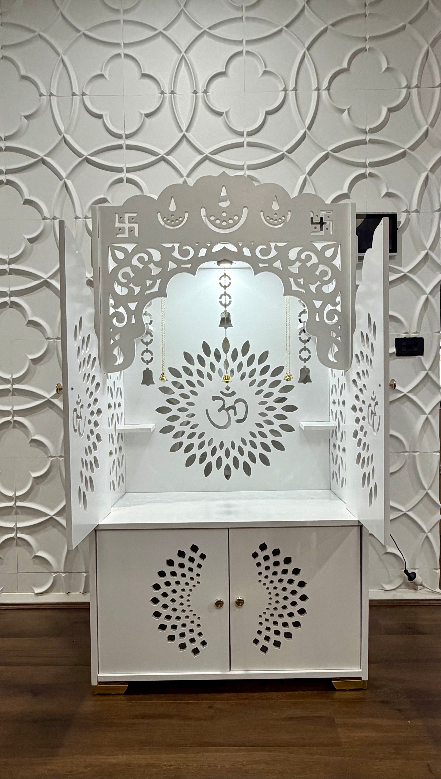 Large Wooden Mandir Cabinet with Storage & Lighting