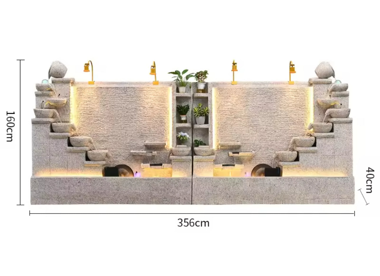 Modern Cement Standing Fountain with Tiered Water Bowl and LED Lighting