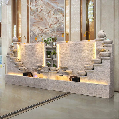 Modern Cement Standing Fountain with Tiered Water Bowl and LED Lighting