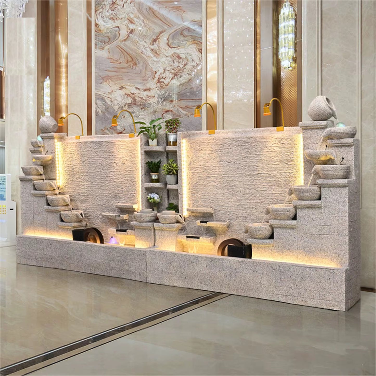 Modern Cement Standing Fountain with Tiered Water Bowl and LED Lighting