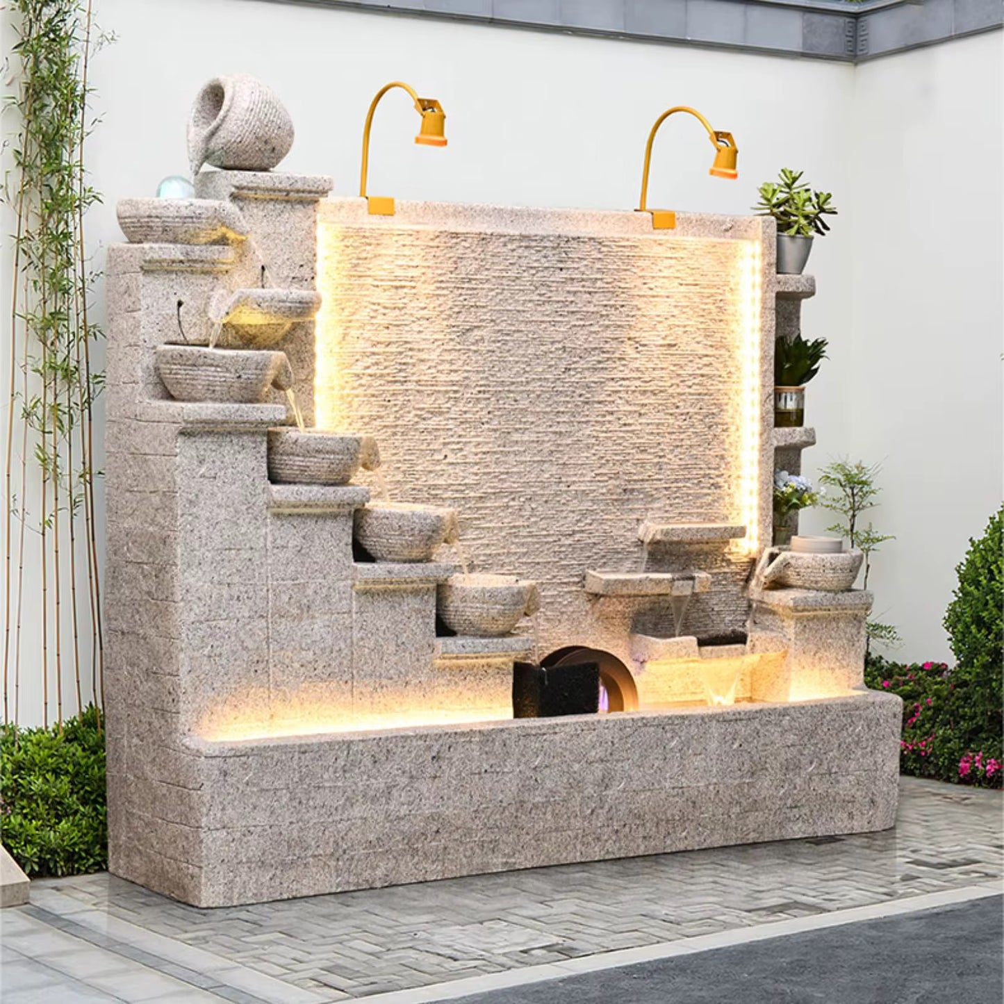 Modern Cement Standing Fountain with Tiered Water Bowl and LED Lighting