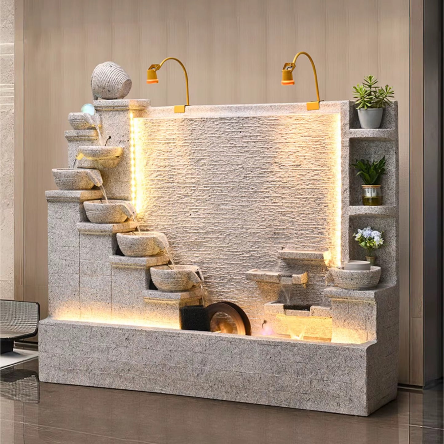 Modern Cement Standing Fountain with Tiered Water Bowl and LED Lighting