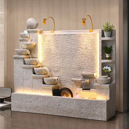 Modern Cement Standing Fountain with Tiered Water Bowl and LED Lighting