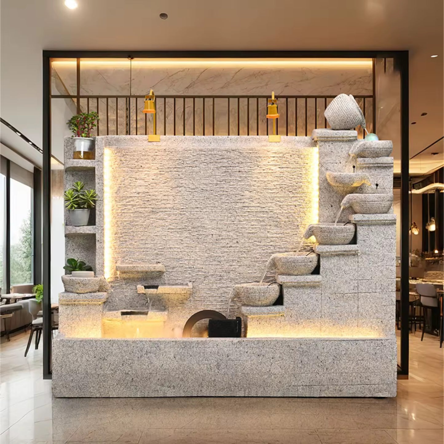 Modern Cement Standing Fountain with Tiered Water Bowl and LED Lighting