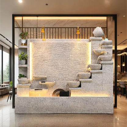 Modern Cement Standing Fountain with Tiered Water Bowl and LED Lighting