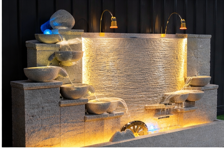 Modern Cement Standing Fountain with Tiered Water Bowl and LED Lighting
