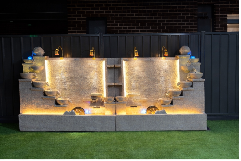 Modern Cement Standing Fountain with Tiered Water Bowl and LED Lighting