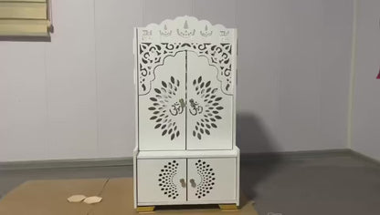 Small Wooden Mandir Cabinet with Storage &amp; Lighting